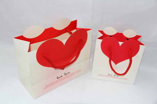 210g White cardboard gift Paper Bag, big red heart, #03017