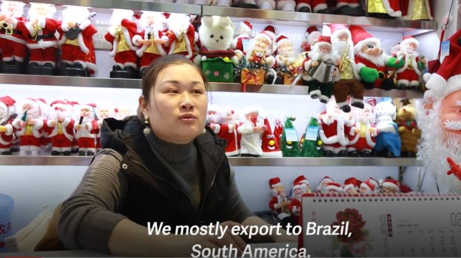 A wholesaler in Yiwu Christmas wholesale market exports most of their products to south America