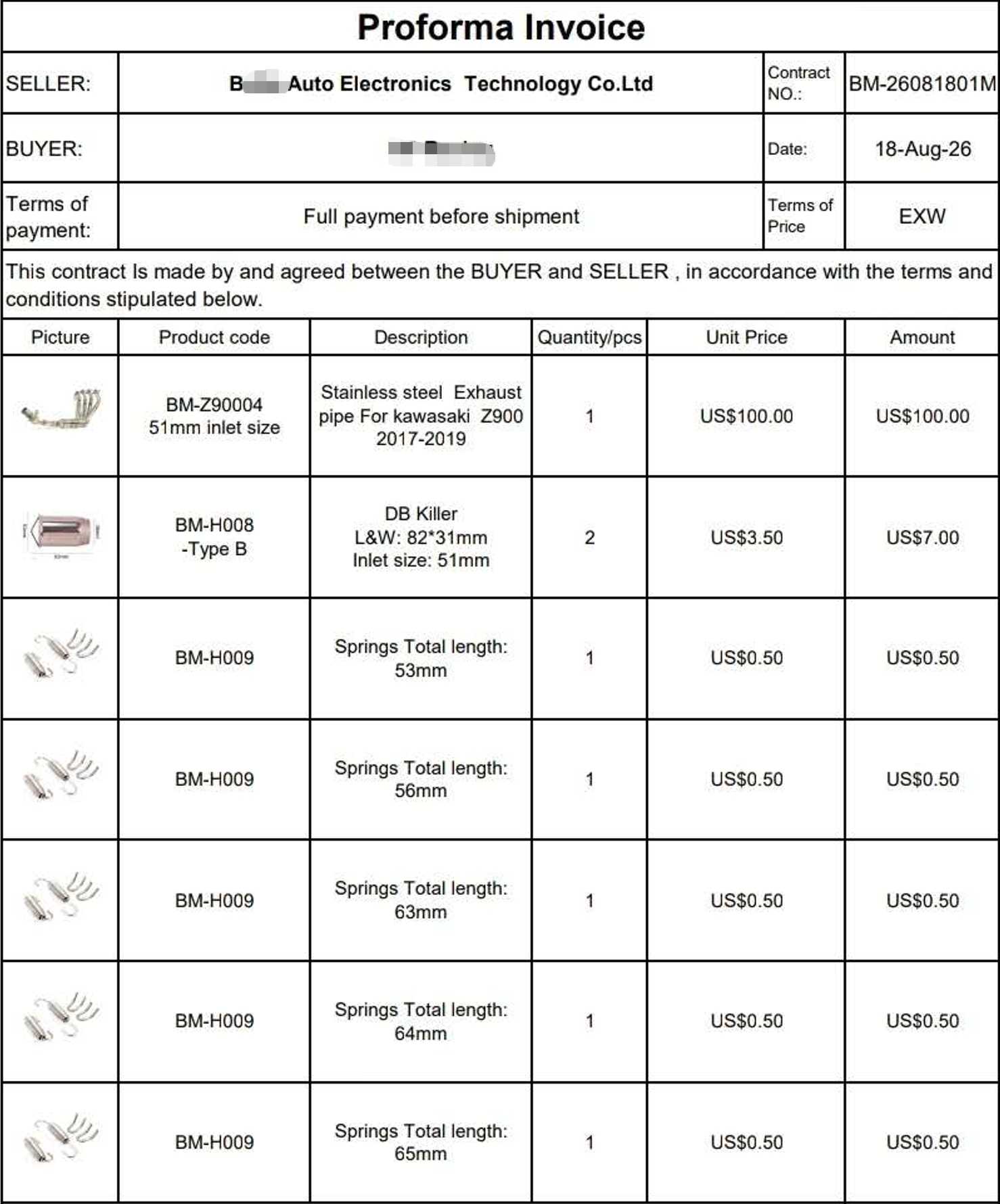 Proforma invoice for ordering motorcycle parts samples from China