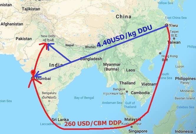 Shipping cost Yiwu to India, Mumbai, New Delhi