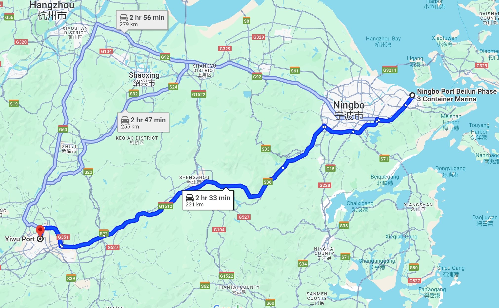 Distance from Yiwu to Ningbo Port