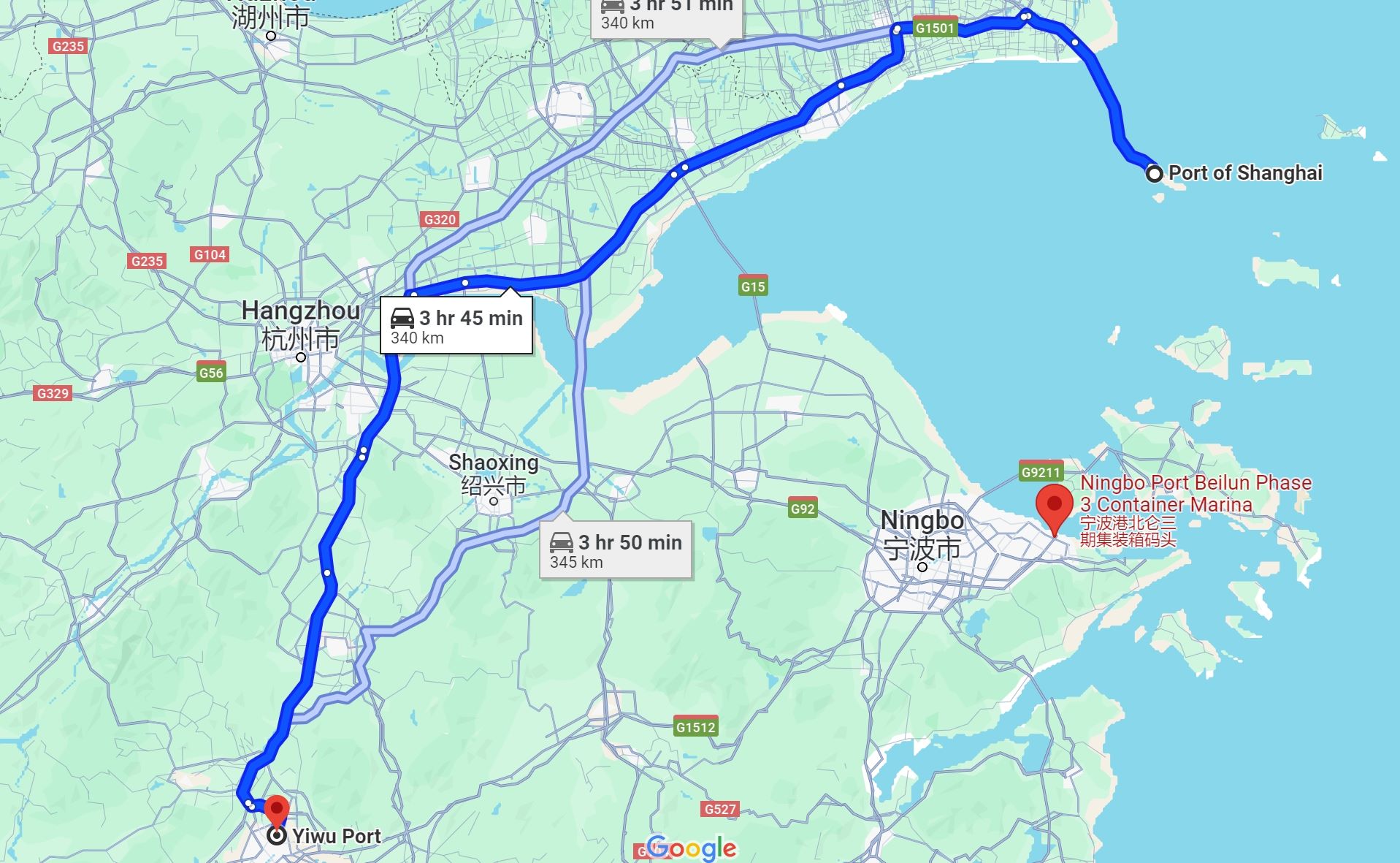 Distance from Yiwu to Shanghai Port