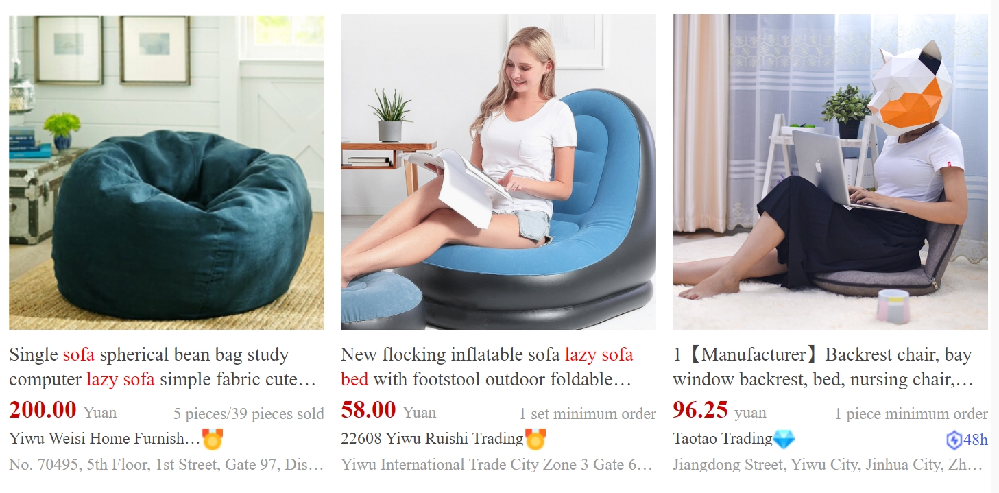 Bean bag (lazy sofa) wholesale in Yiwu market, China.