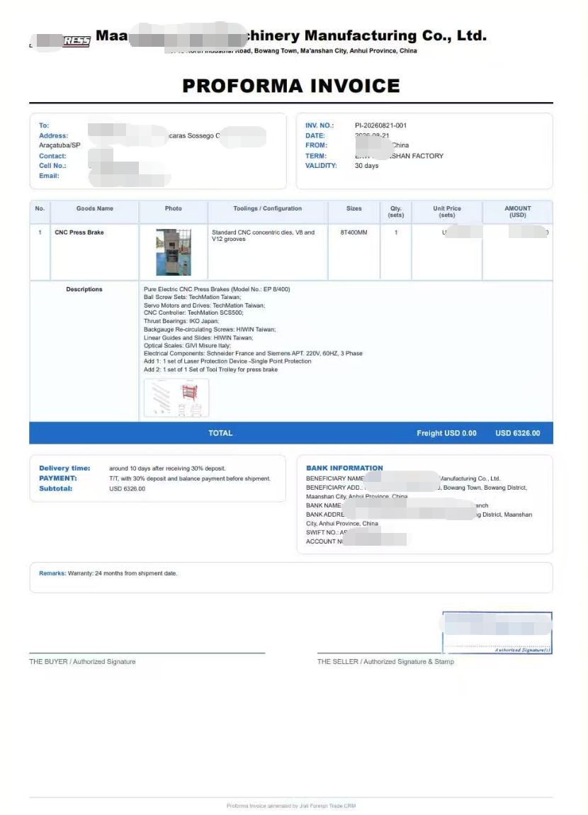 invoice from machinery factory to client